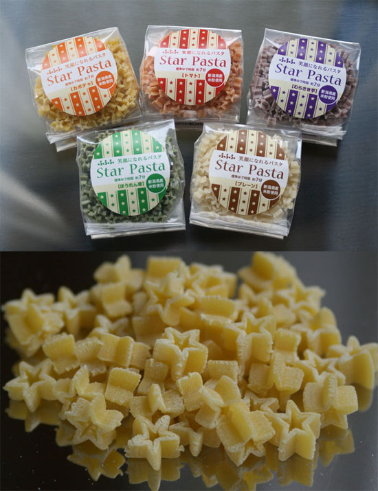 新潟県産の米粉を約30％練りこんで作った星型のショートパスタ「笑顔になれるパスタ」全５種類